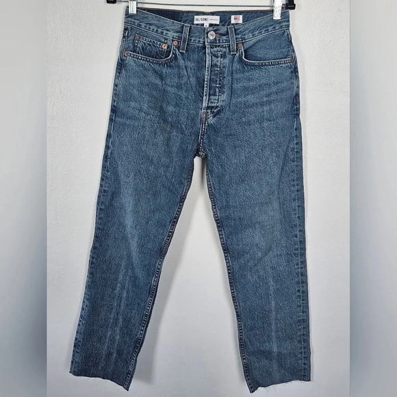 NWOT Re/done high rise‎ stove pipe straight jeans in medium vain denim size 28 - Picture 1 of 8